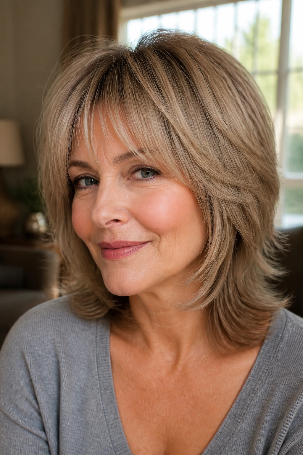 Close-up of real woman with rounded crown lift shag hairstyle