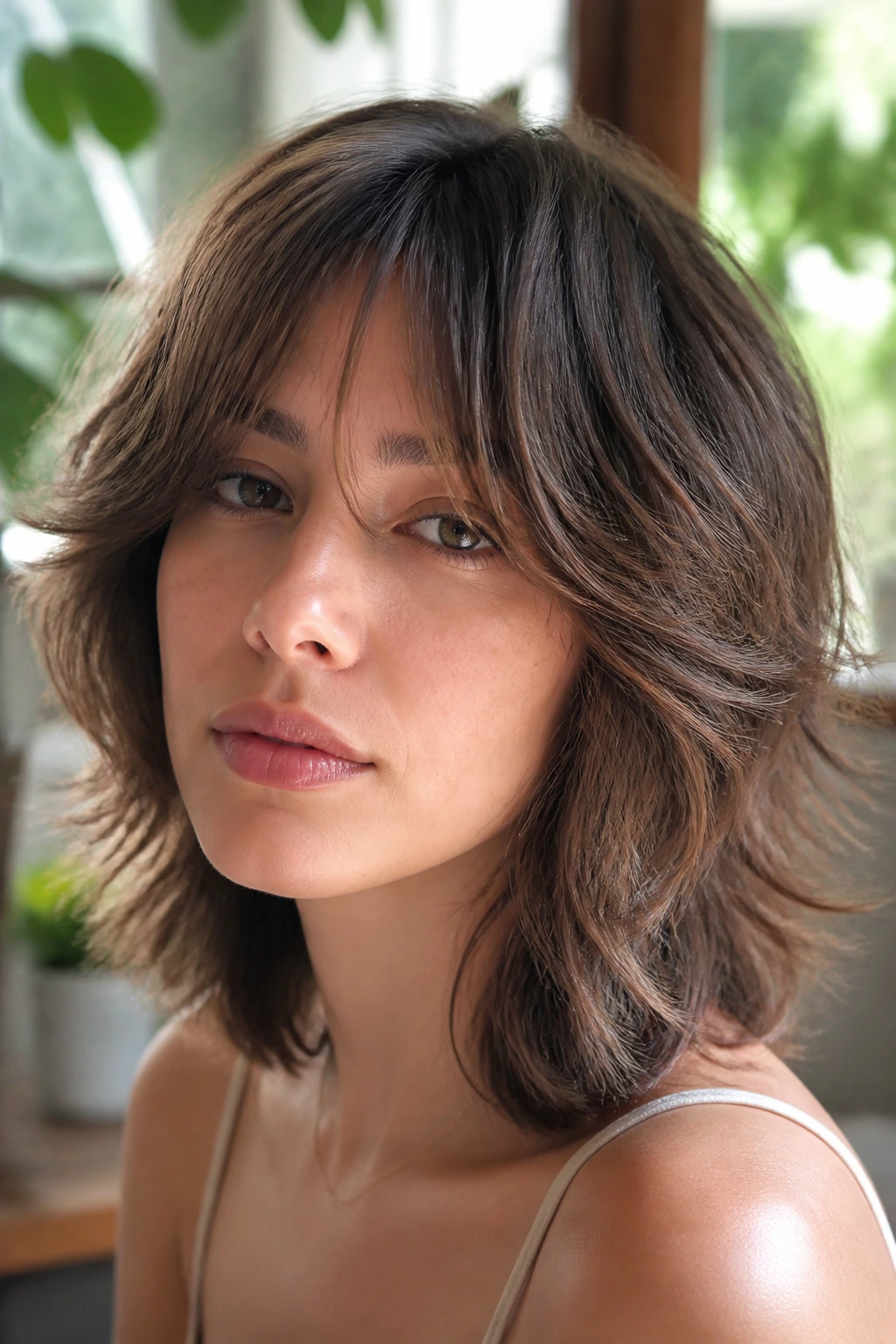 Portrait of a woman with rounded shag and feathered bangs