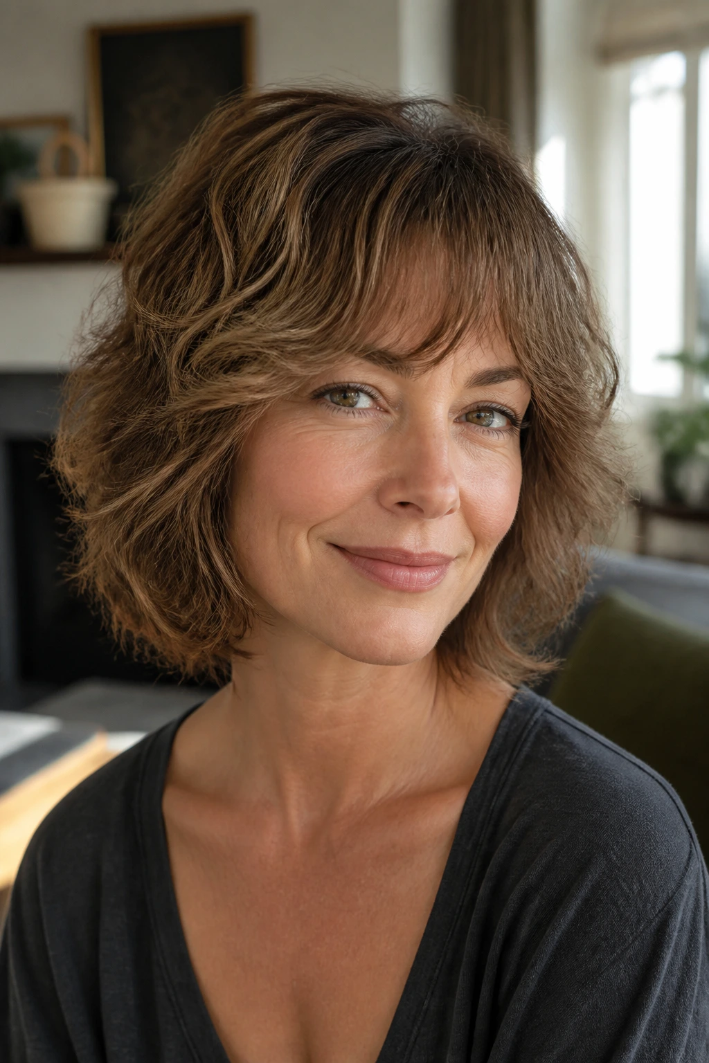 Close-up of a real woman with rounded shag for fine hair.