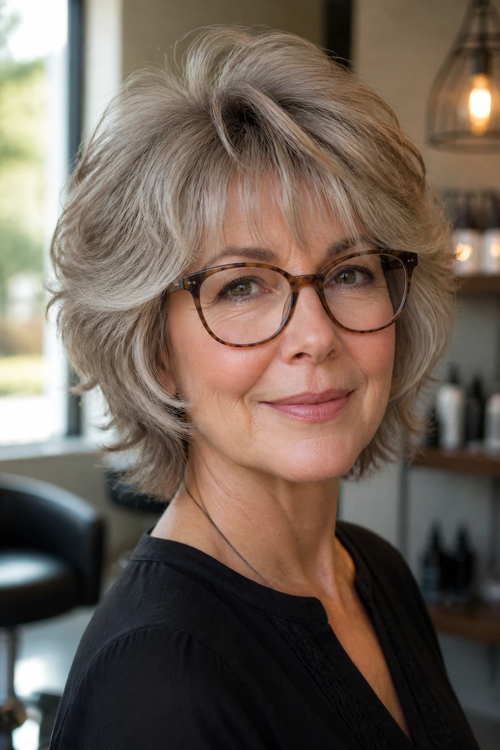 Close-up of a woman with rounded shag framing her face while wearing glasses