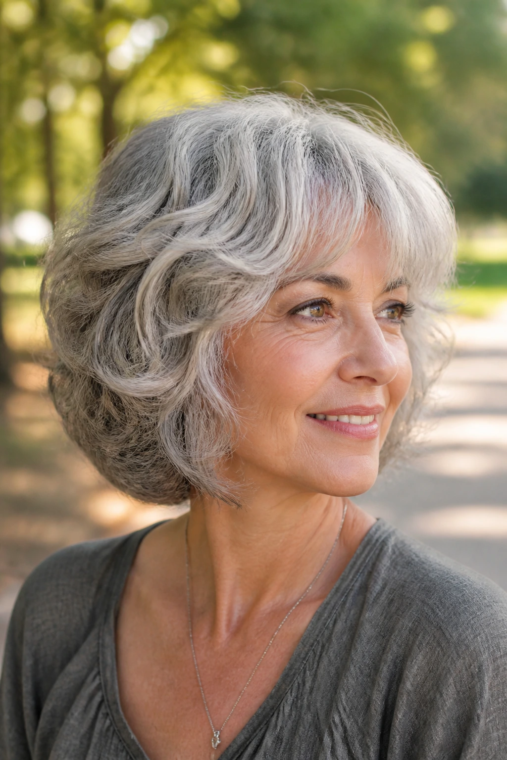 Close-up portrait of a real woman with Rounded Shag for Fine Waves on gray hair.