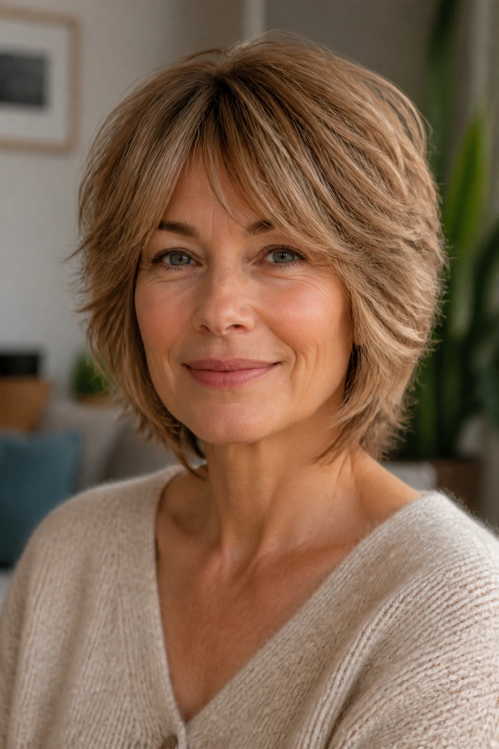 Portrait of a real woman wearing a rounded shag with interior layers, soft lighting