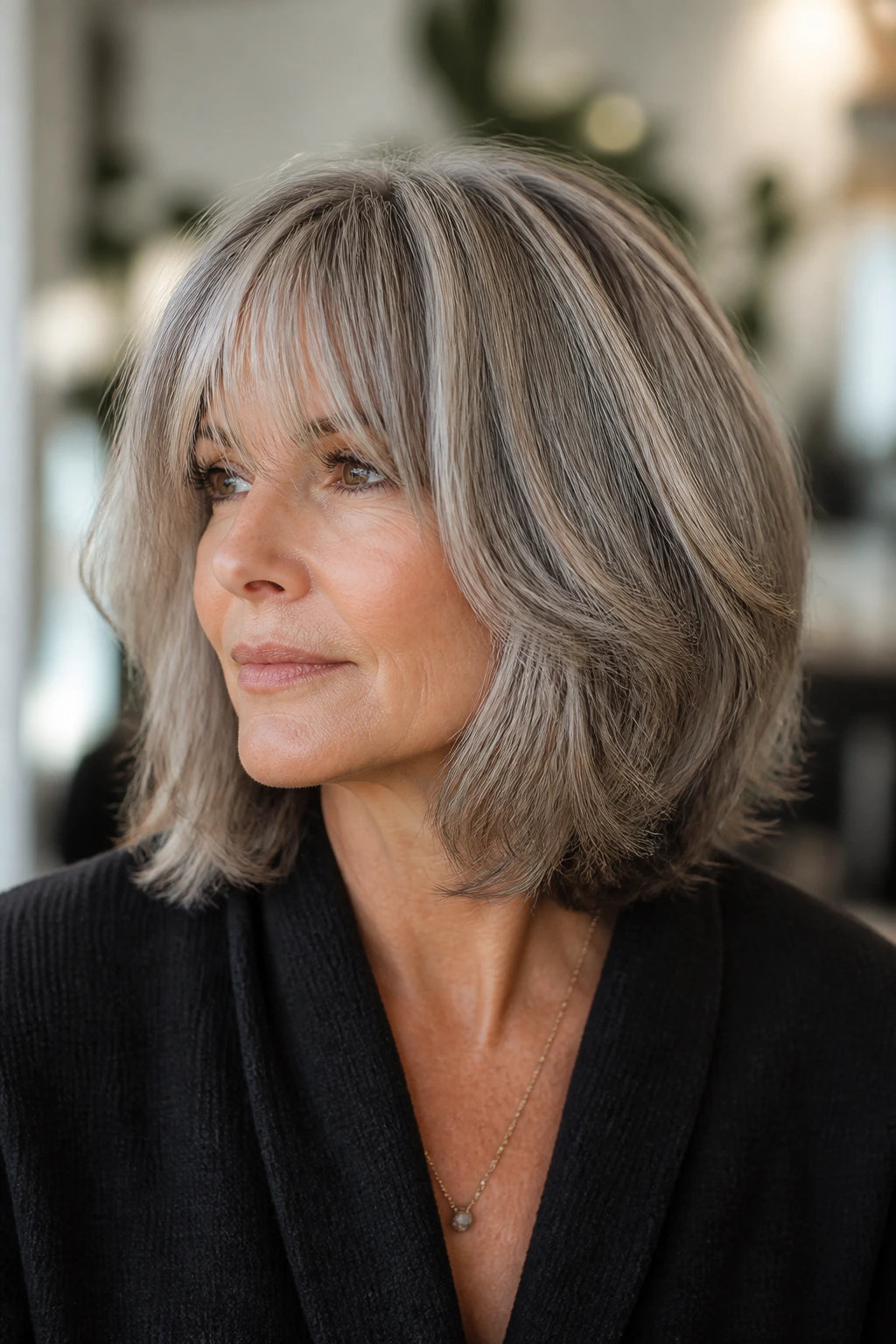 Close-up portrait of a real woman with rounded shag and long soft bangs, soft helmet shape.