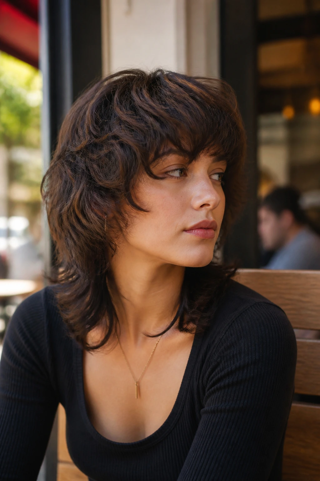 Close-up portrait of a real person with rounded shag mullet in warm cafe light