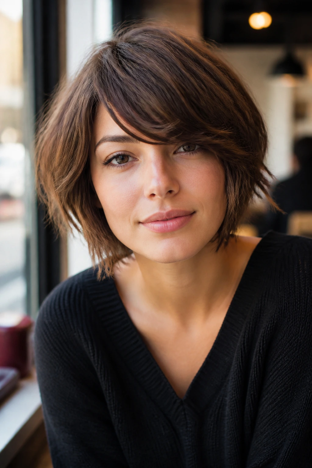 Close-up portrait of a real woman with a rounded shag bob and side bangs