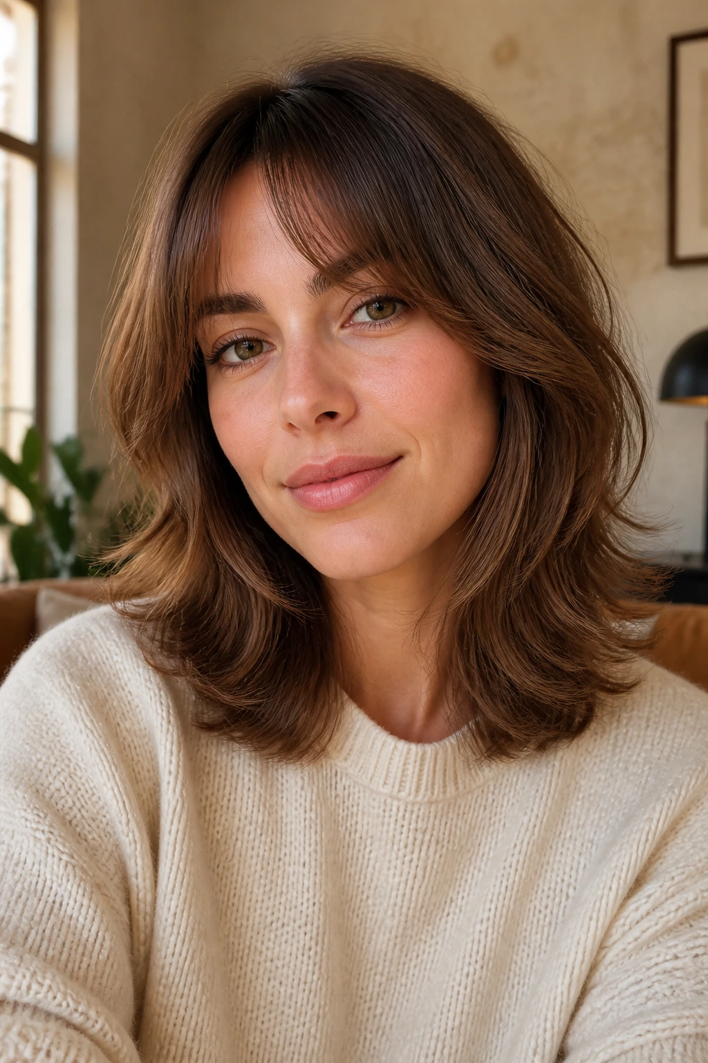 Portrait of a woman with rounded shag and soft ends