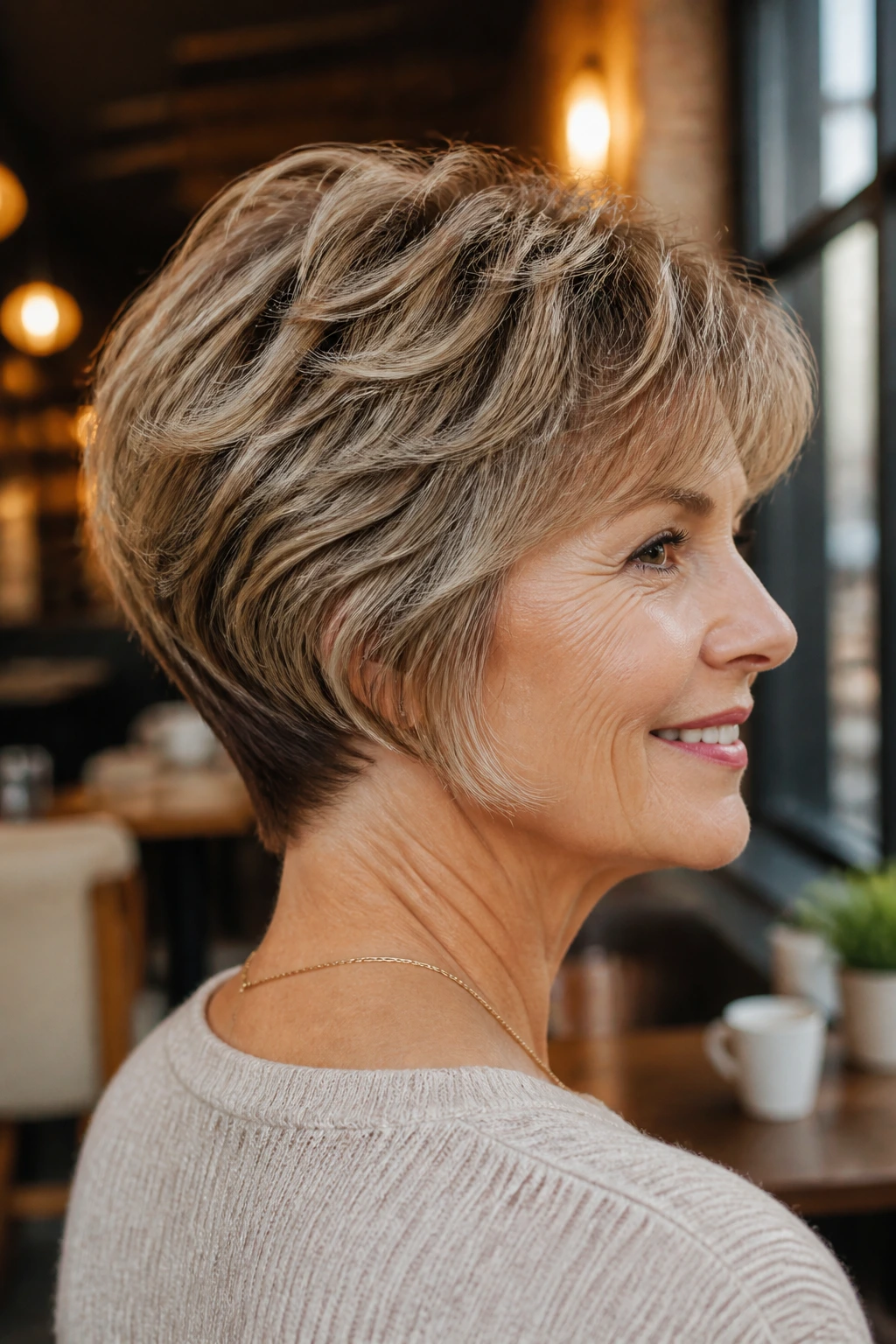 Close-up of a real woman with rounded shag and tapered nape