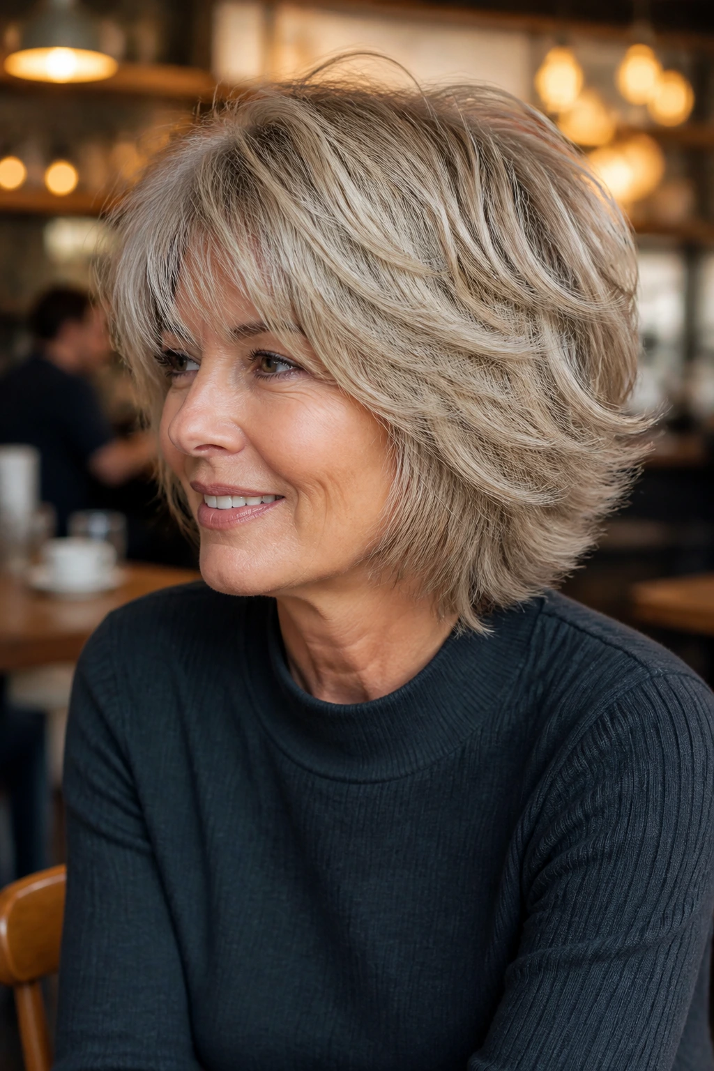 Real woman with rounded shag and thick hair in a cozy cafe setting