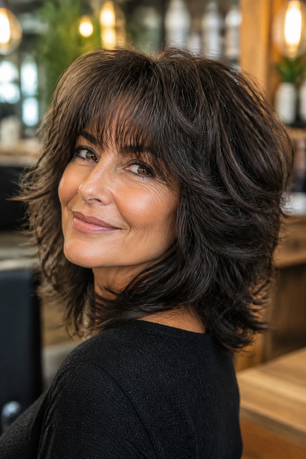 Close-up of a real woman with rounded shag for thick hair.