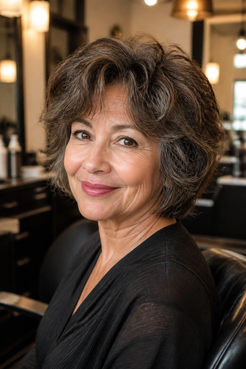 Portrait of a real woman with rounded shag and thick waves