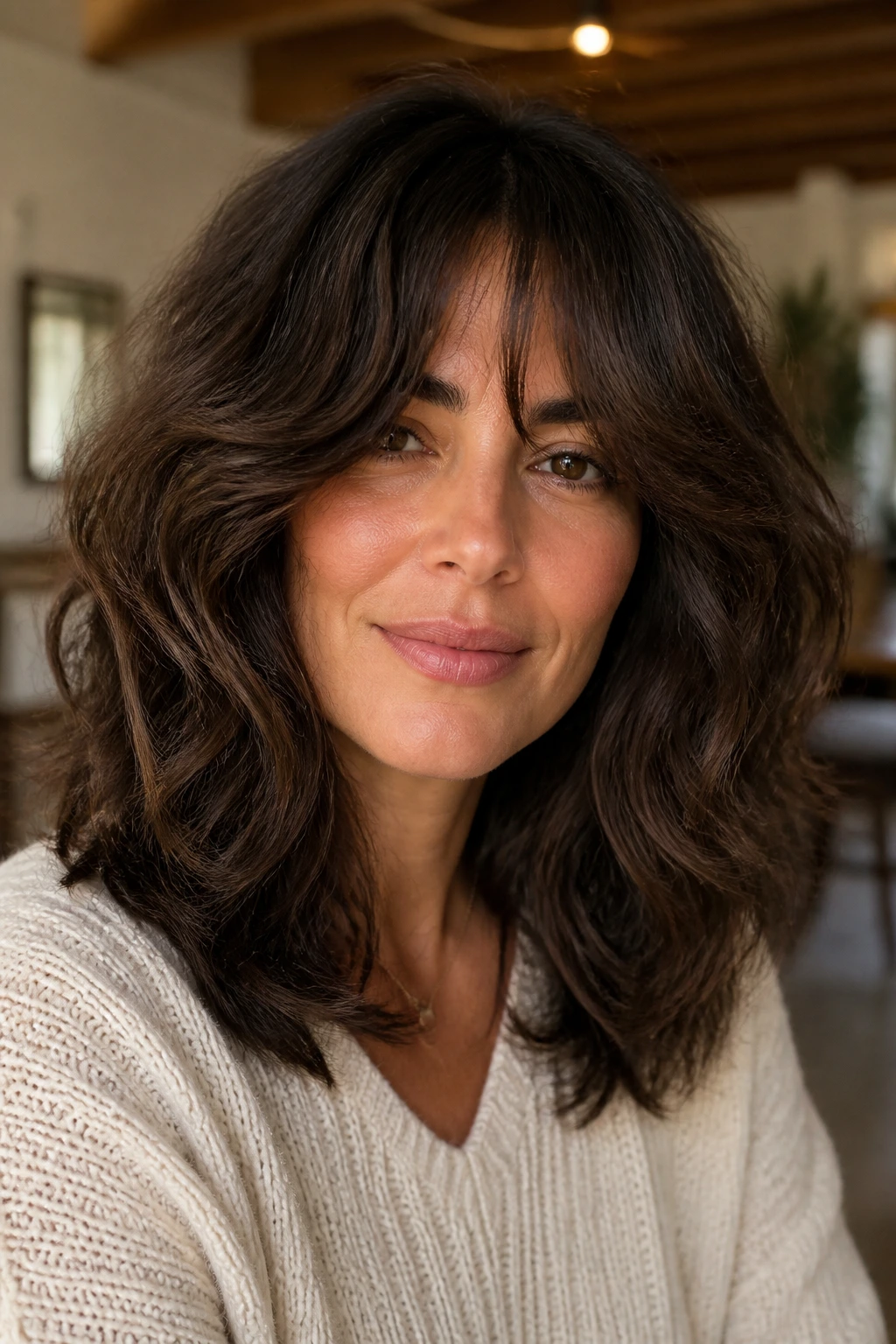 Close-up portrait of a real woman with rounded shag for thick waves