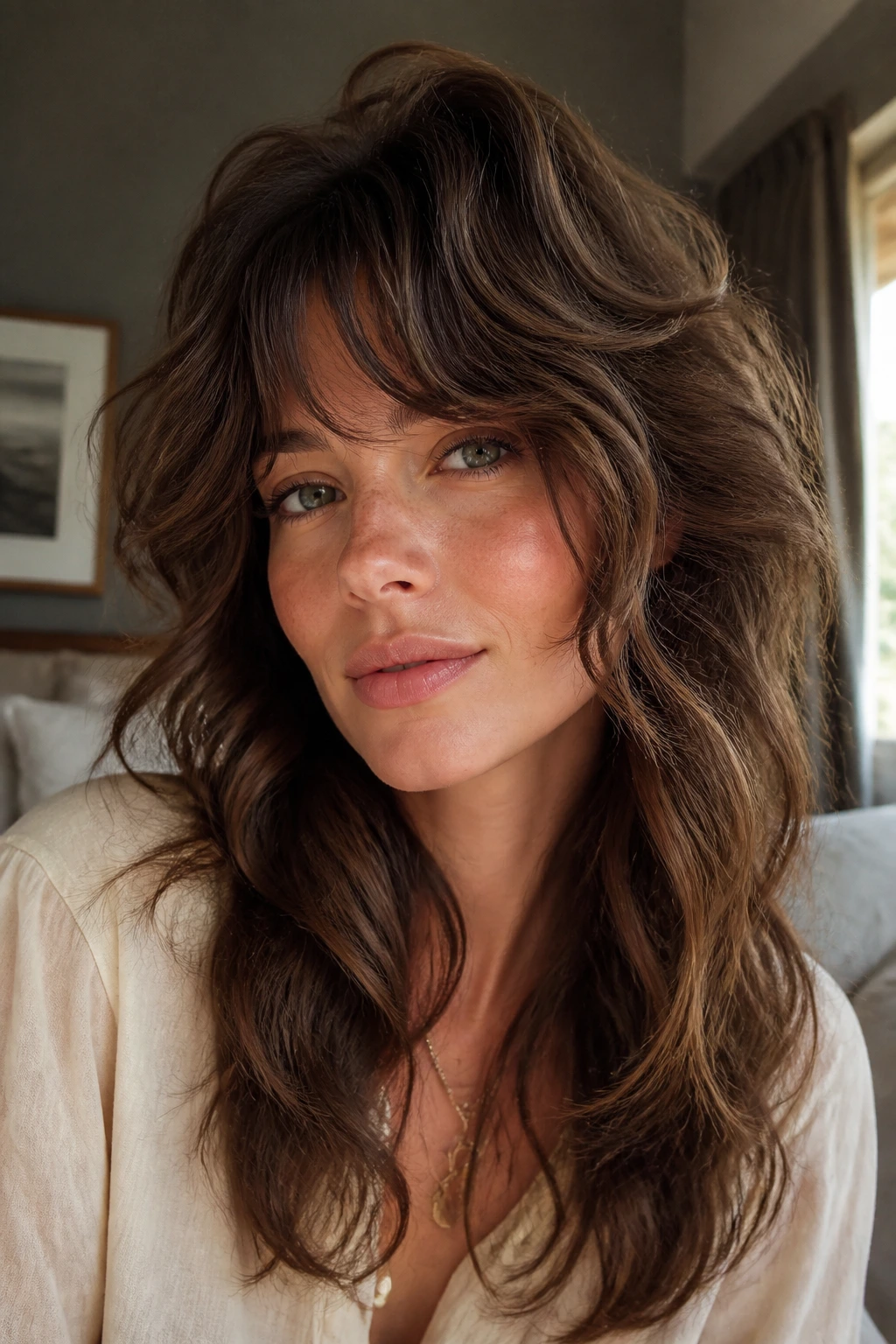 Close-up portrait of a real woman with a romantic rounded shag and soft crown volume.