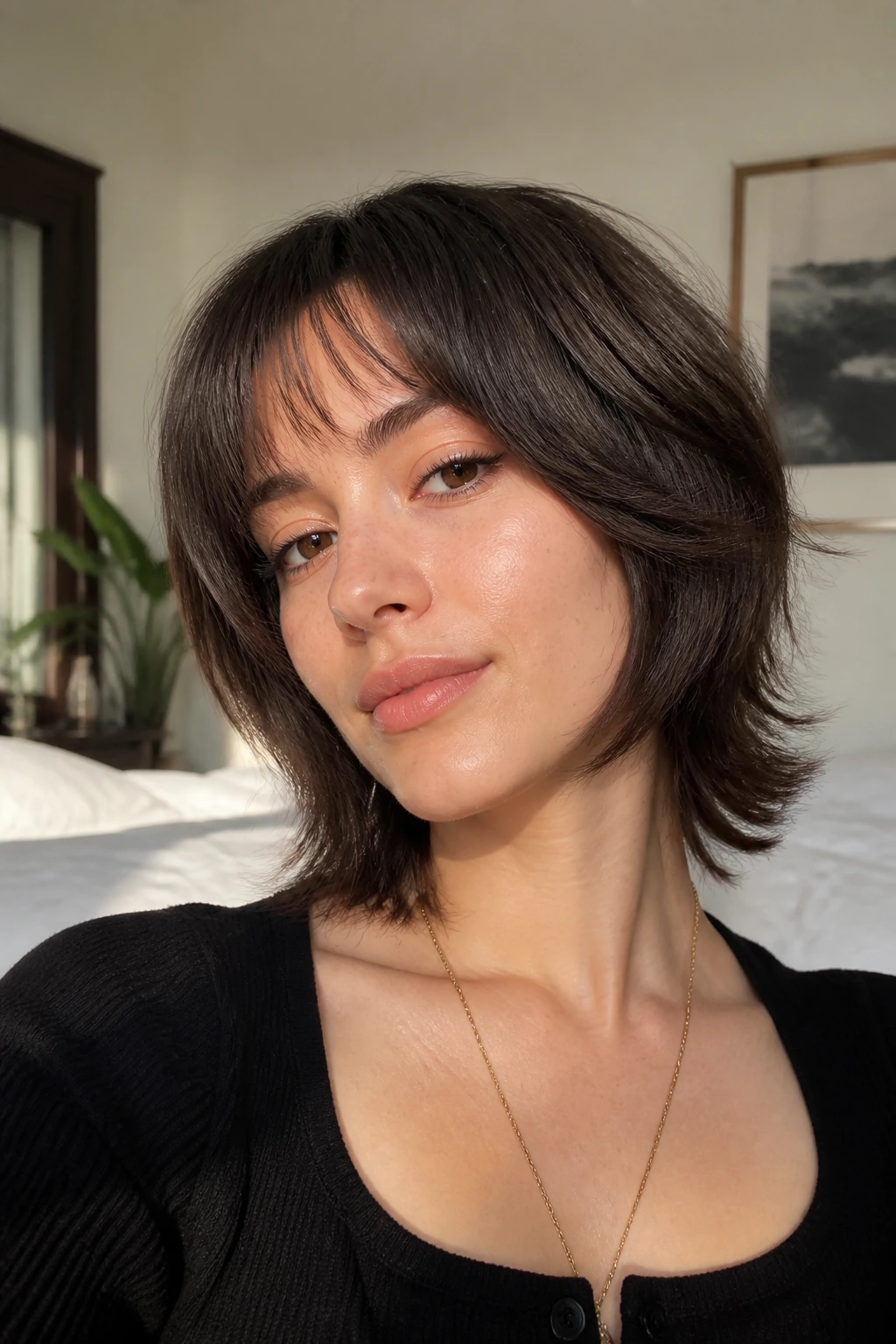 Close-up of rounded shag with wispy eyebrow bangs on a real person in soft bedroom light