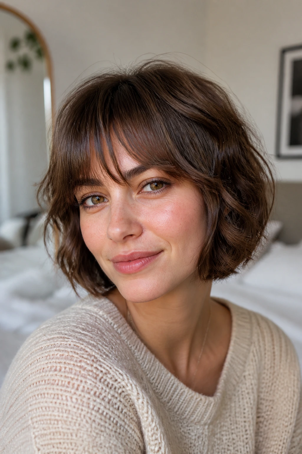 Portrait of a real person with rounded shag and wispy brow-grazing bangs