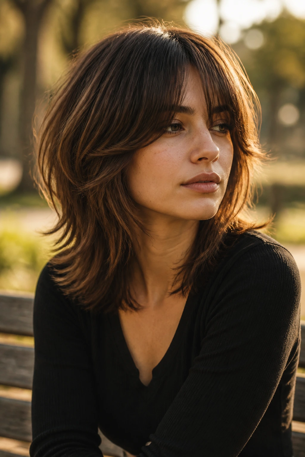 Close-up of a real person with Rounded Shag Wolf Cut creating halo fullness around the head in golden-hour light.