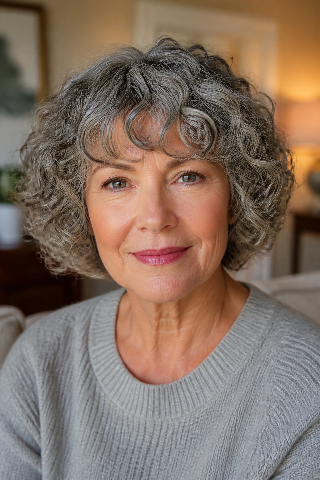Close-up portrait showing rounded curl silhouette framing the face.