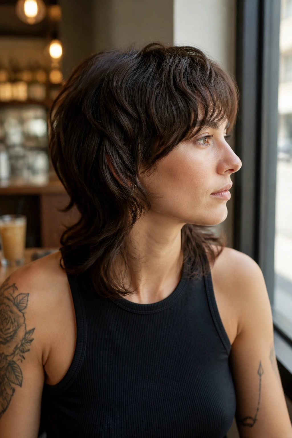 Close-up portrait of a real person with a rounded shape mullet in a bright cafe setting