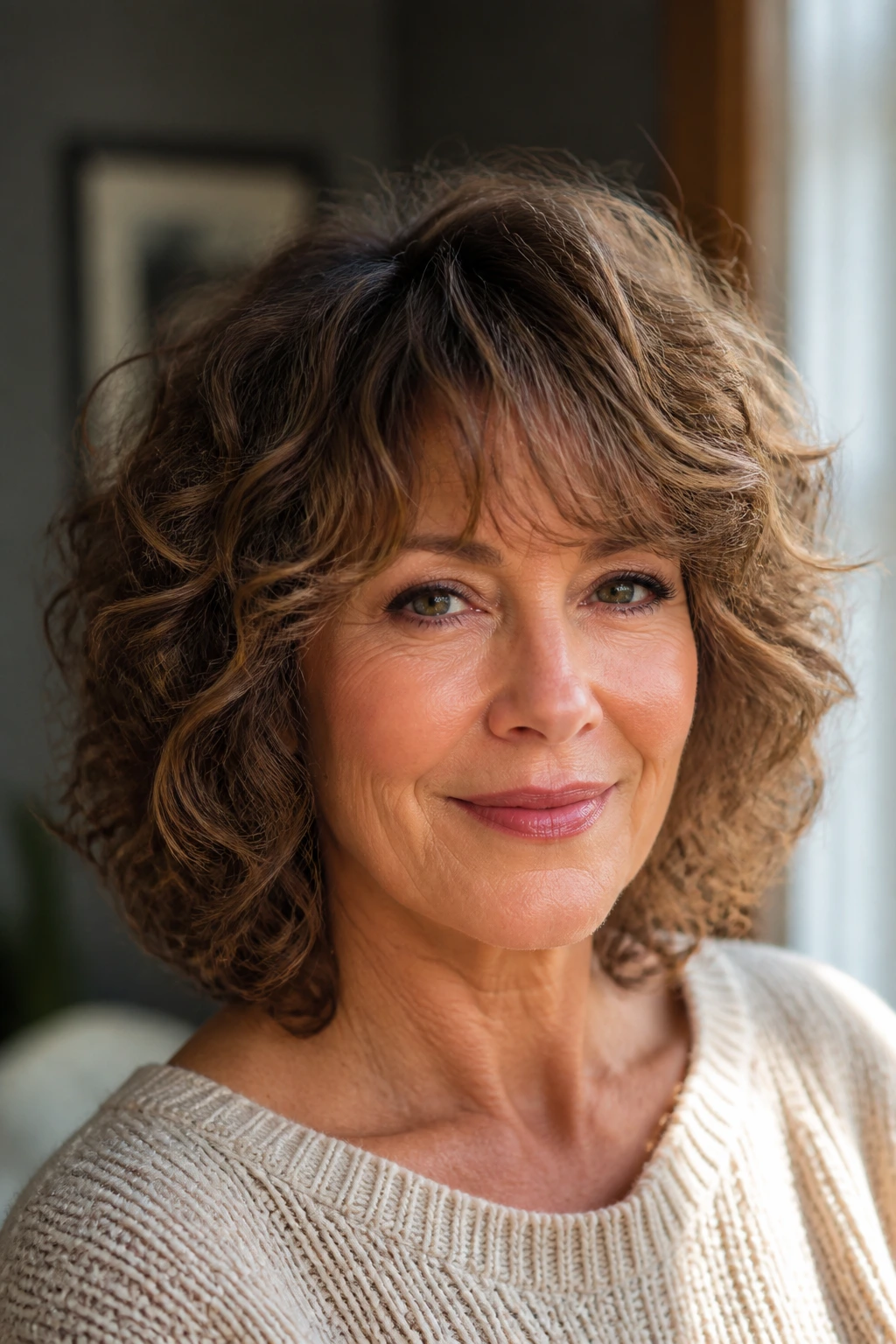 Close-up of a real woman with rounded shoulder cut and soft fringe