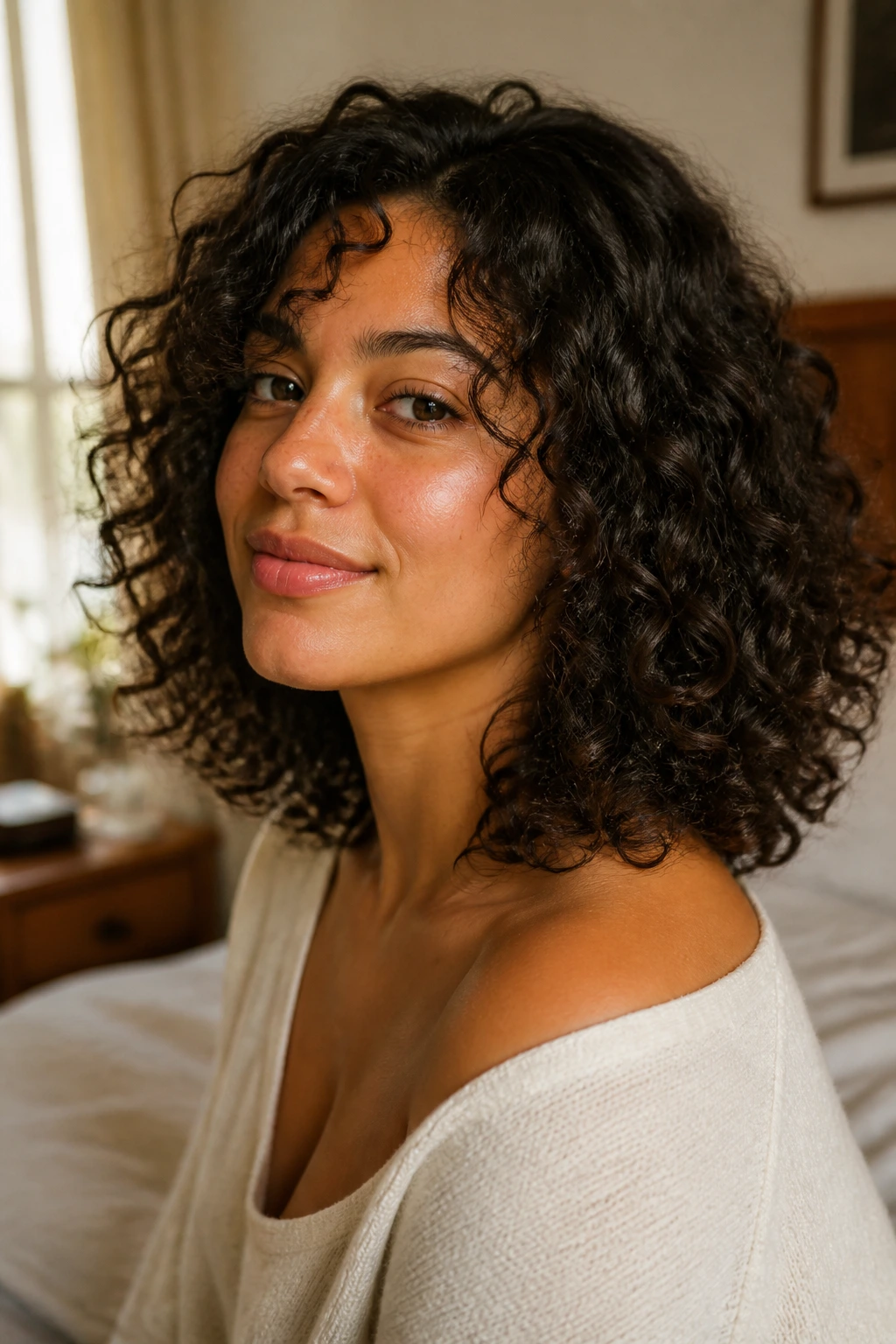Close-up of a real woman with rounded shoulder-length curly cut in a cozy bedroom