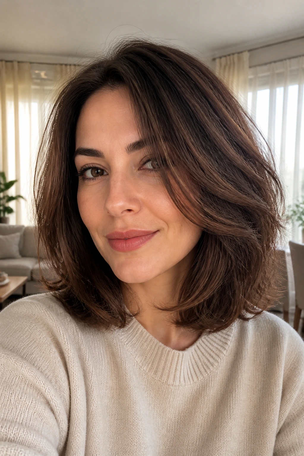 Close-up portrait of a real woman with rounded shoulder-length cut in warm light.