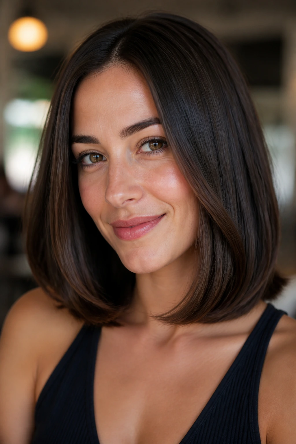 Real person with rounded shoulder-length cut showing inward bend and gentle movement