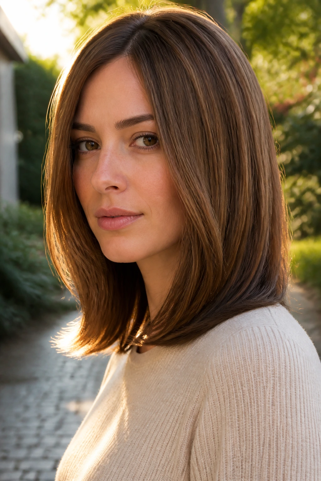 Real woman with rounded shoulder-skimming cut, hair curving gently over the shoulders in natural light.