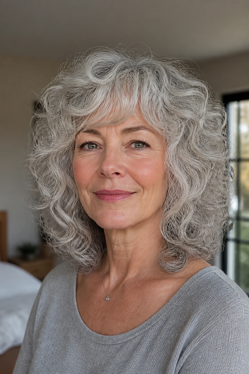Close-up of a real woman with rounded silver shag and feathered ends