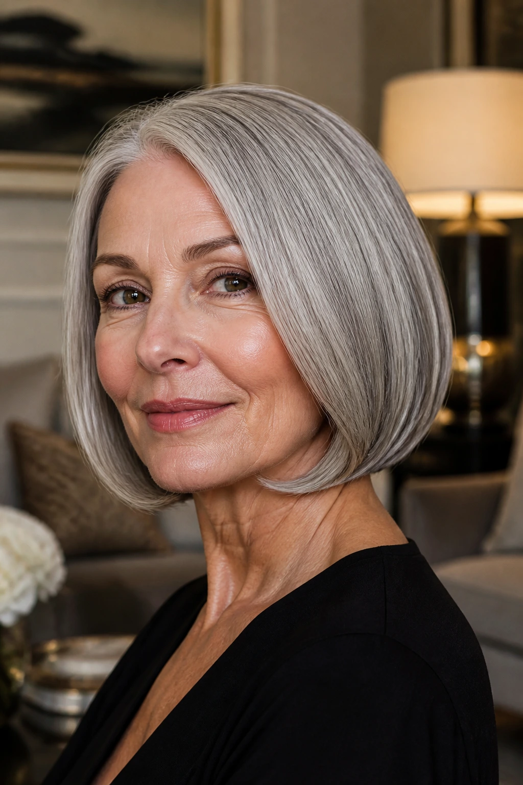 Close-up of a real woman with rounded sleek bob and gray hair