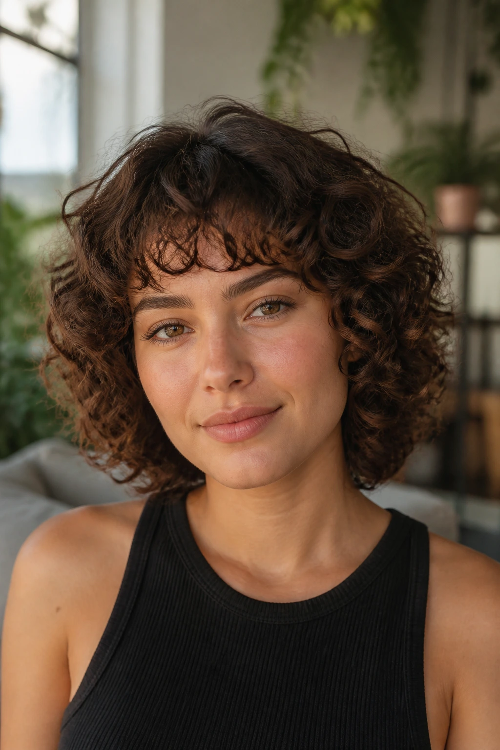 Close-up of a real woman showing rounded soft bangs with a gentle curl pattern