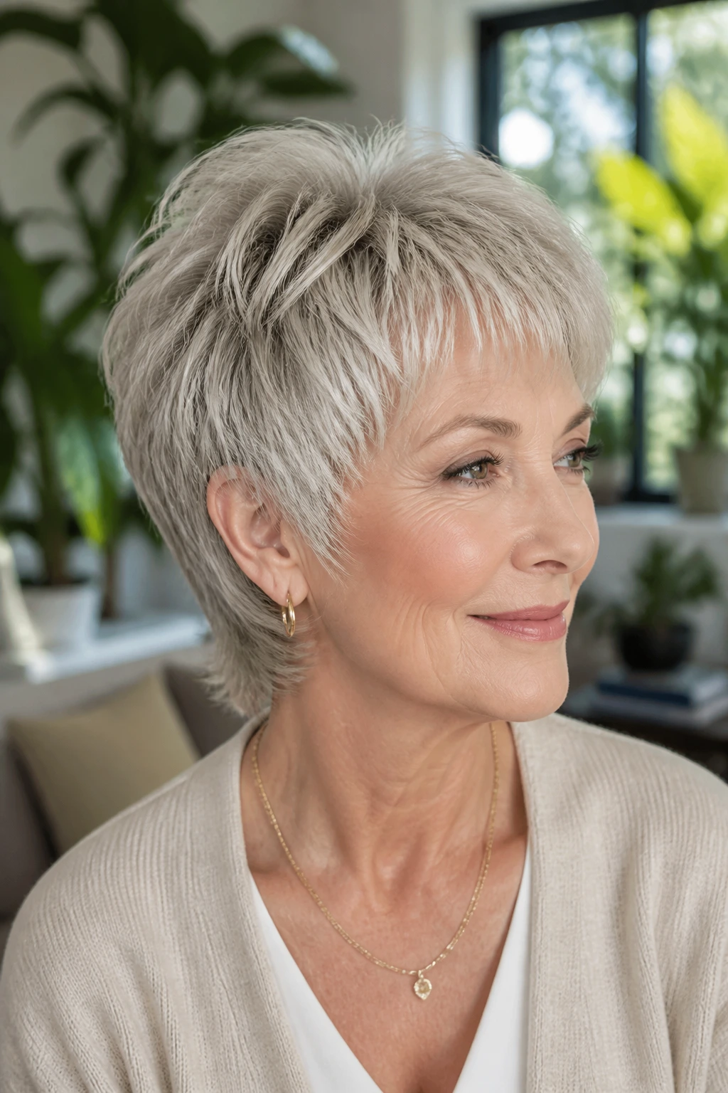 Close-up of an older woman with rounded soft-edge pixie mullet in a bright home setting