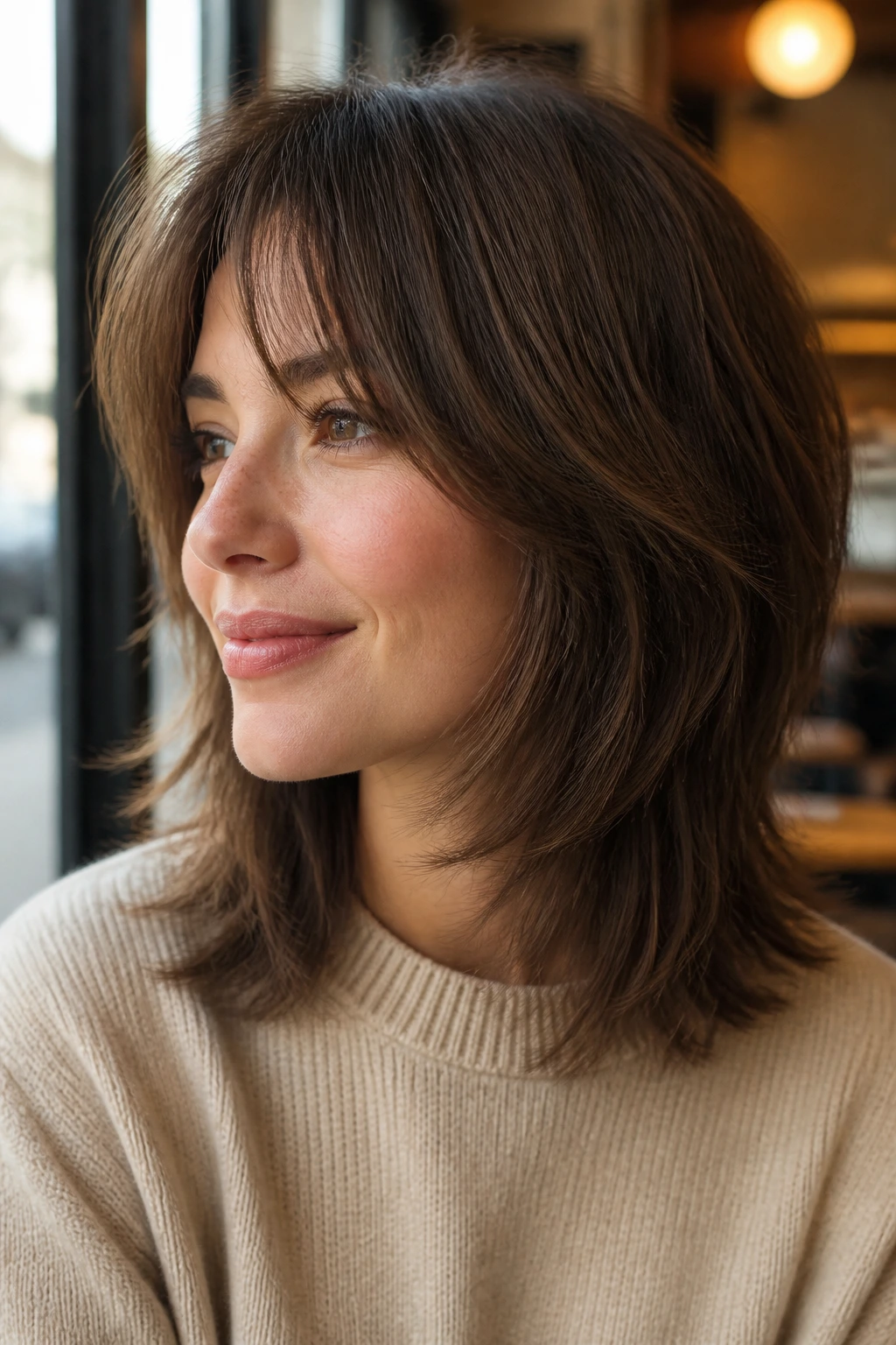 Close-up portrait of a real person with rounded soft-edge shag