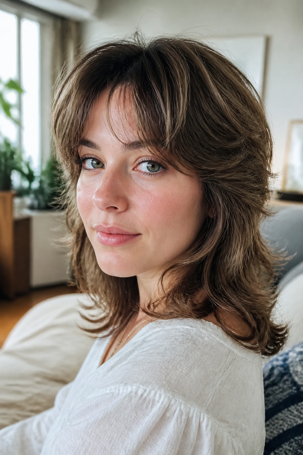 Portrait of a real woman with a rounded soft mullet and gentle curved silhouette