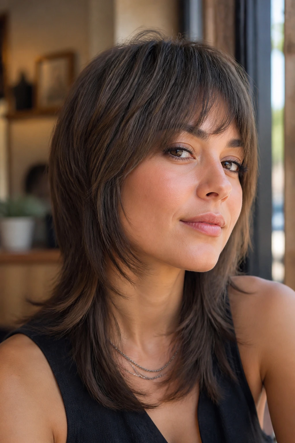 Close-up portrait of a real person with a rounded soft mullet in a cozy cafe setting.
