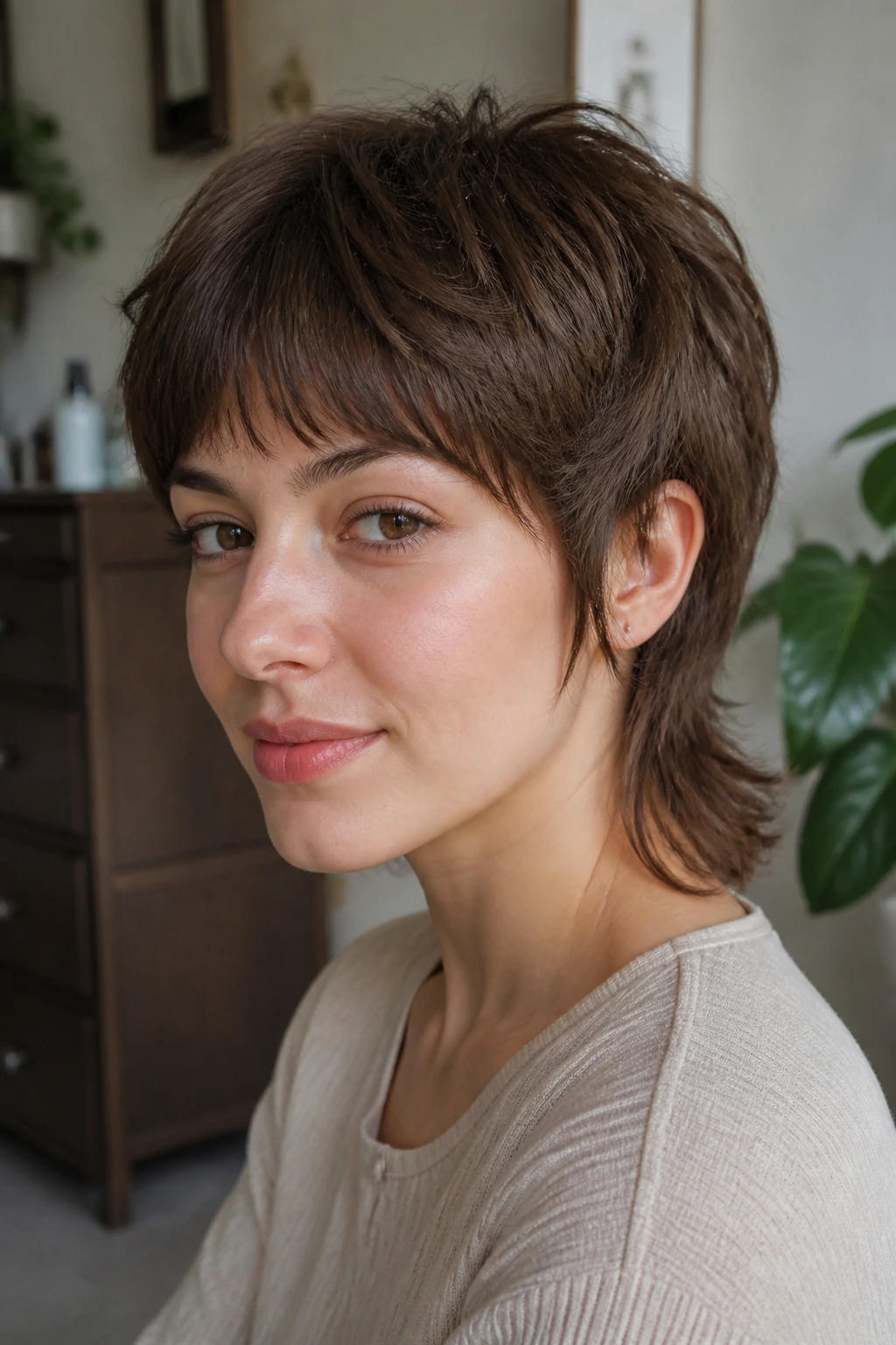 Close-up portrait of a real person with rounded soft-shag pixie mullet in a sunlit room