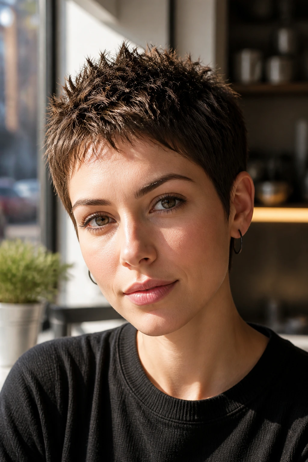 Close-up of a real woman with a rounded spike crop, soft silhouette and small top spikes