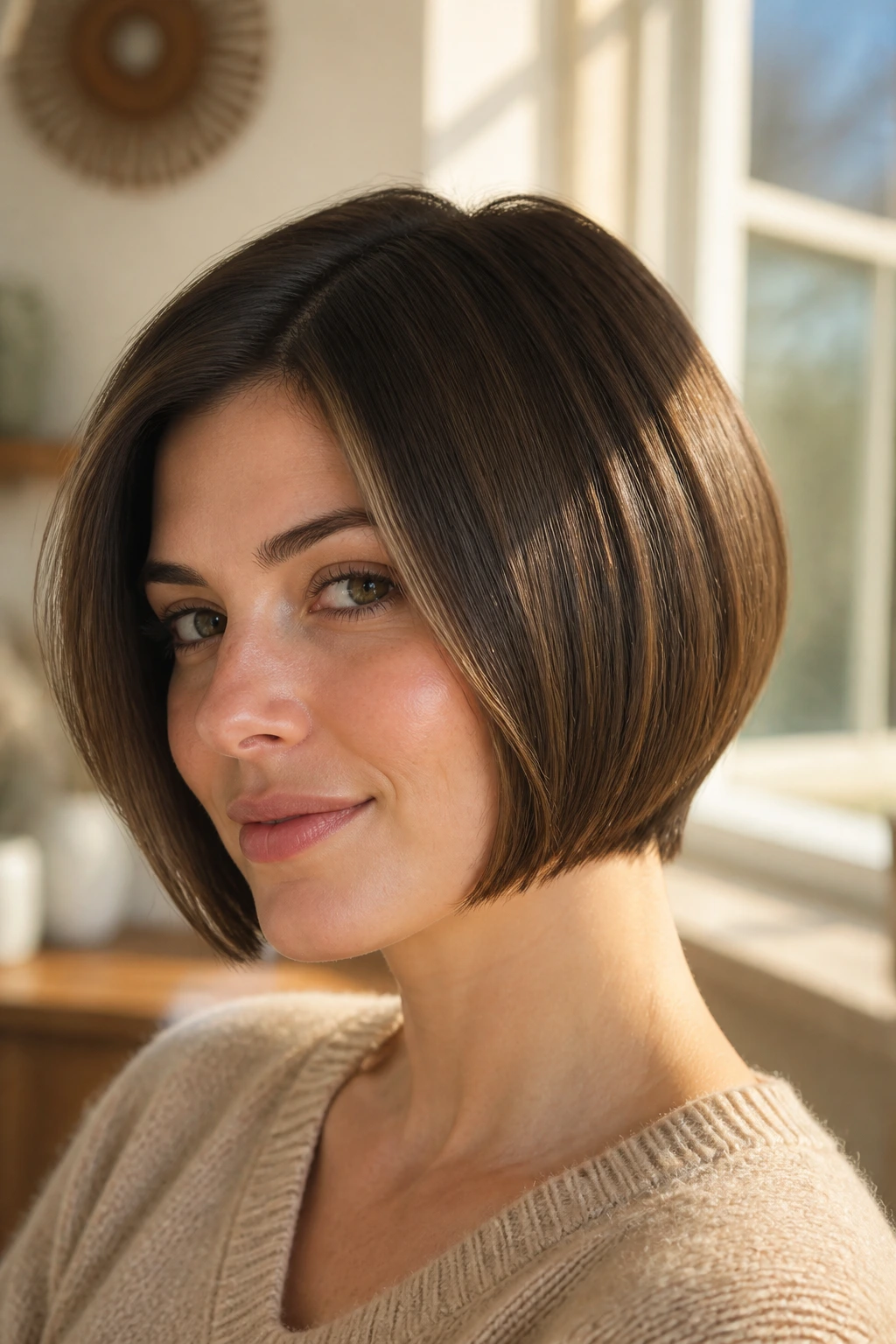 Real woman with a rounded stack and blunt ends, photographed in sunlight.