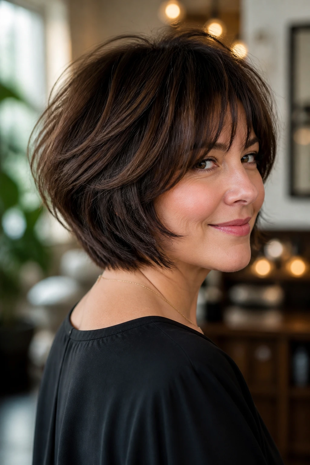 Close-up of a real woman with a rounded stack on dense hair