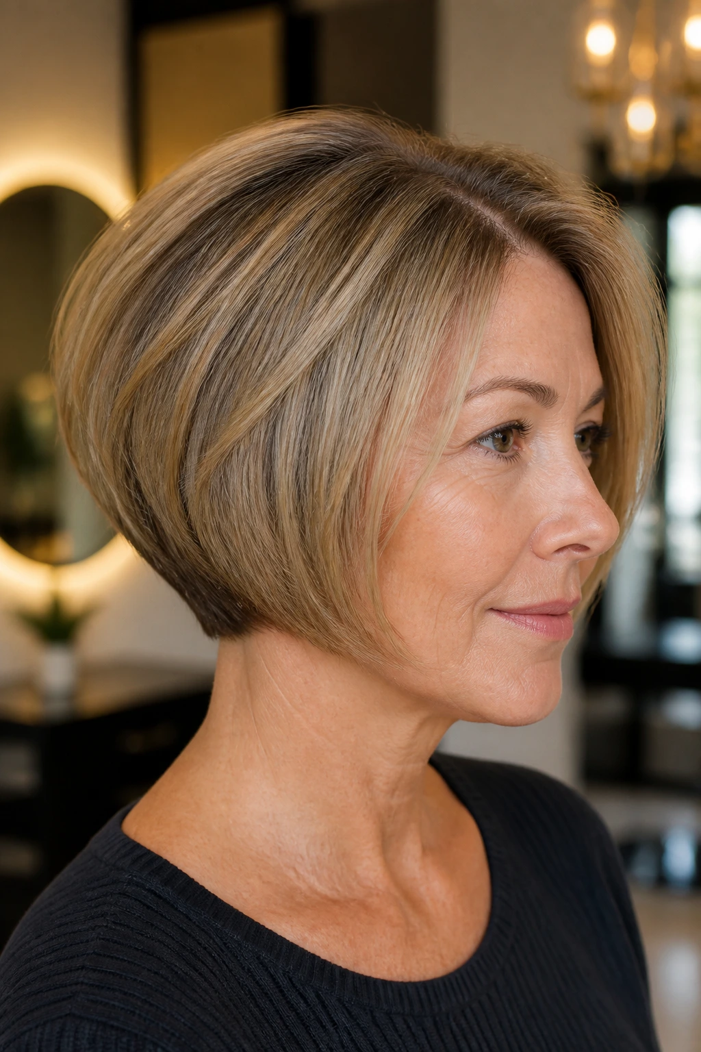 Real woman with rounded stacked bob, lifted crown and neat jawline.