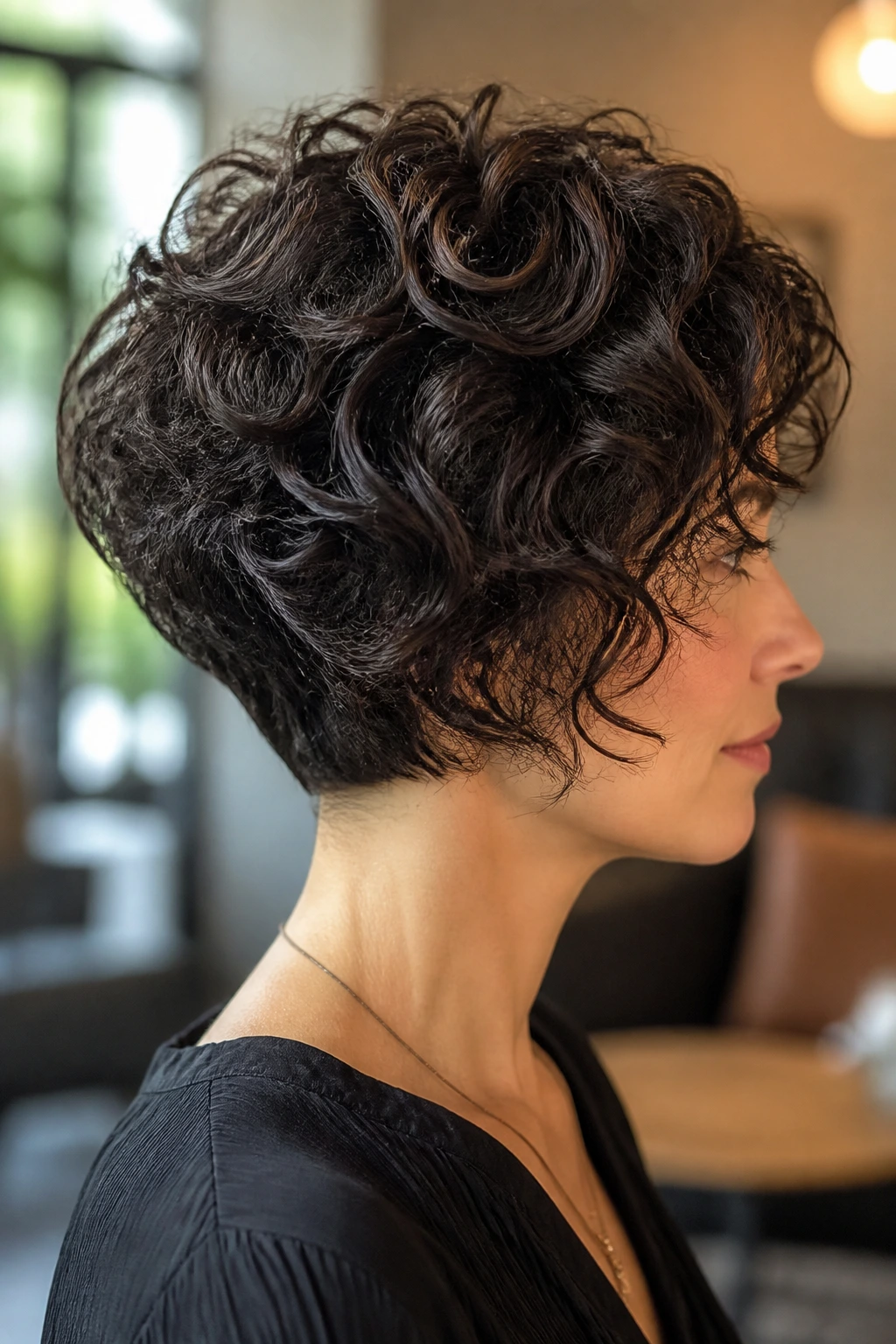 Real person with rounded stacked bob showing soft nape