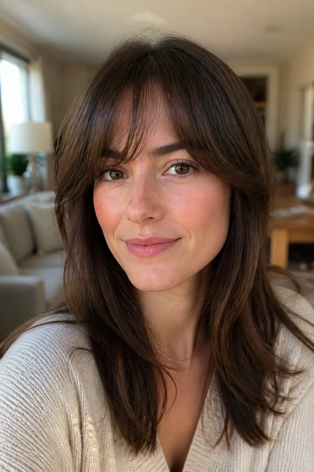 Close-up of a real woman with rounded swoop bangs and feathered ends in natural window light