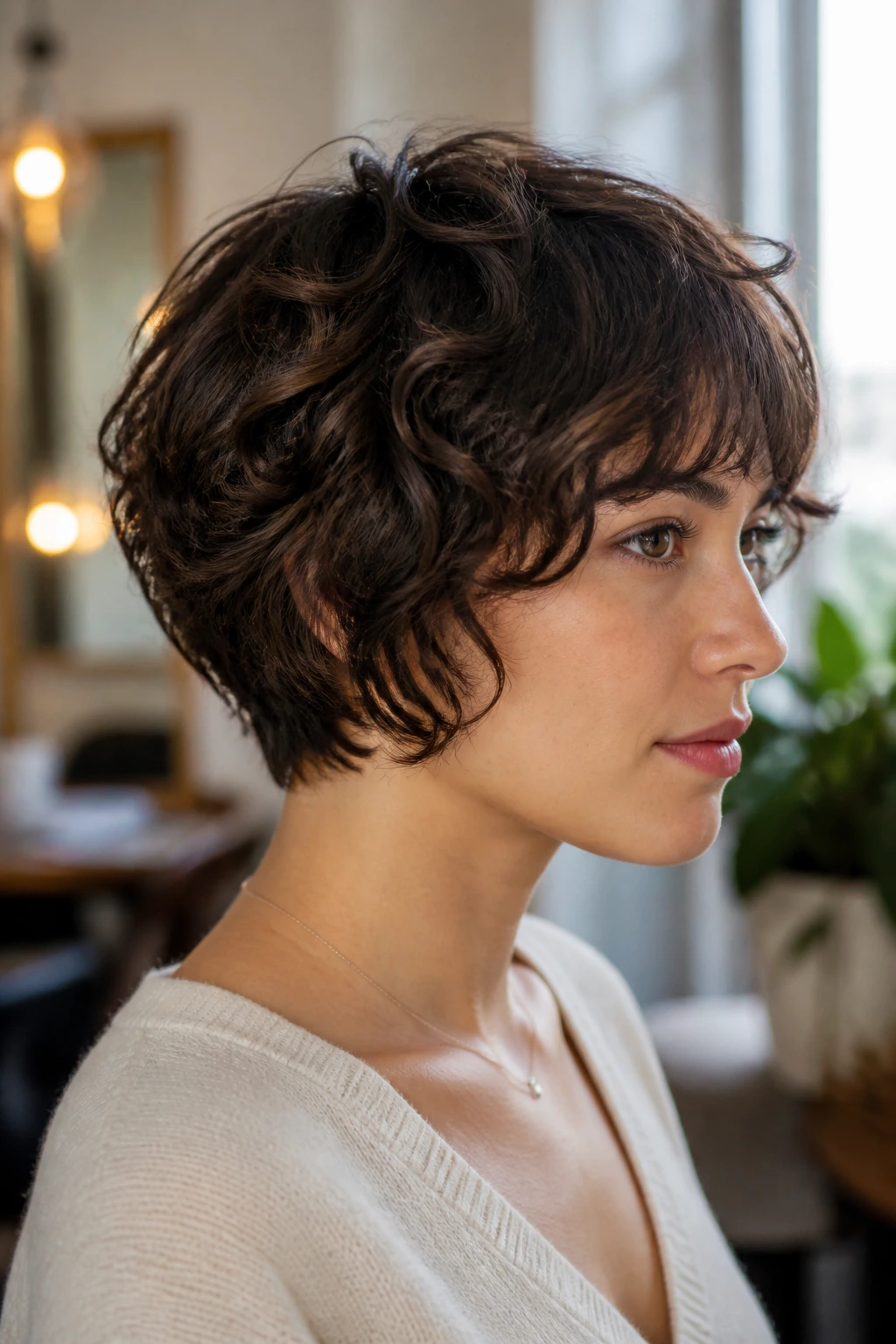 Real-person portrait showing rounded taper shag with soft curve and tapered nape.