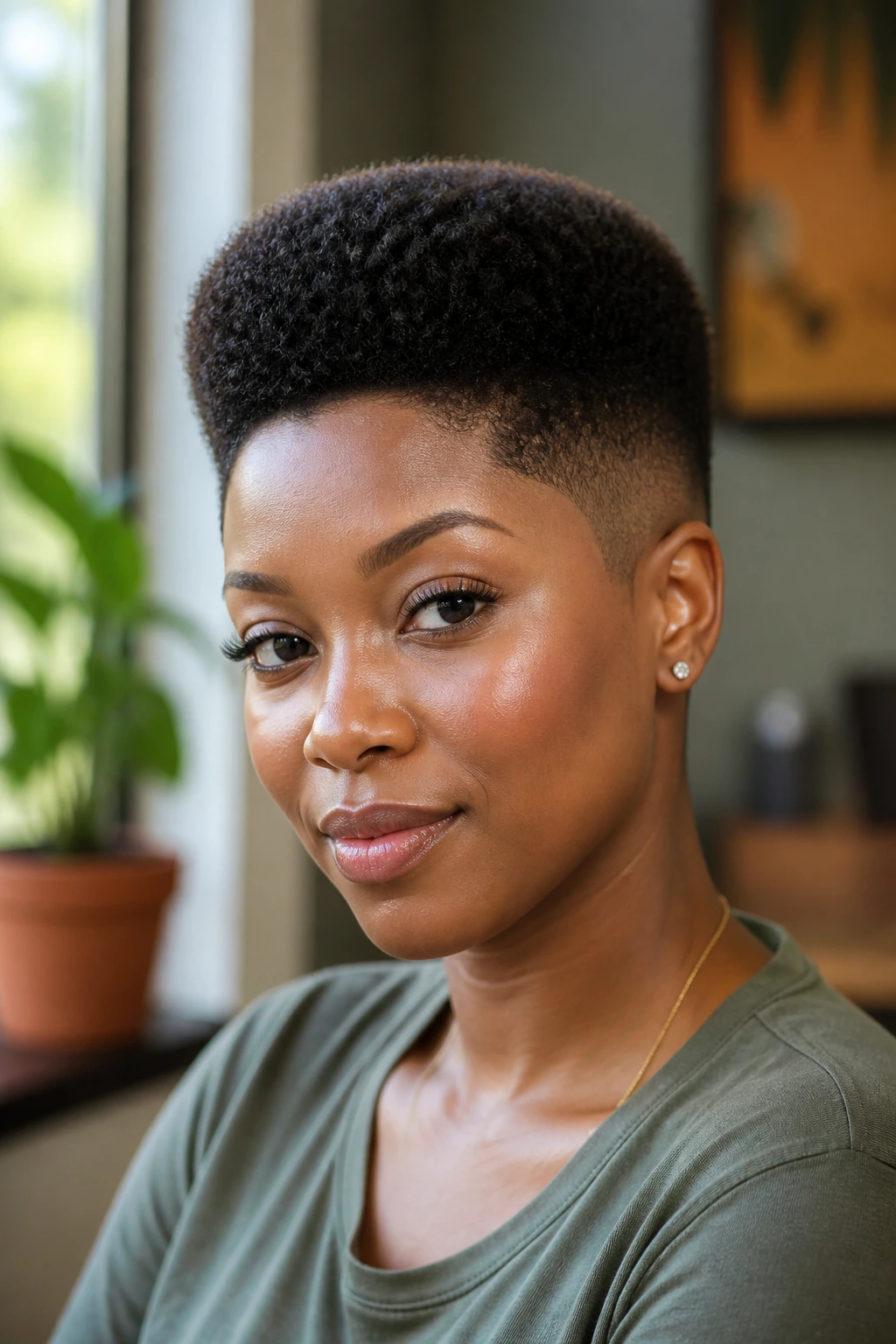 Close-up portrait of a Black woman with rounded high top fade in warm indoor light