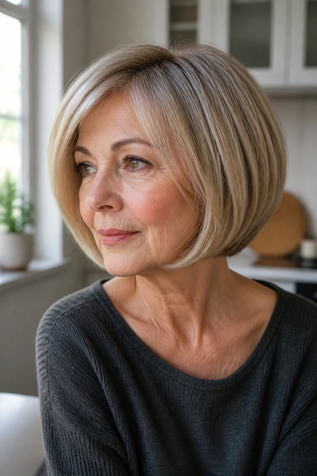 Close-up portrait of a real woman with a rounded tucked-under bob in soft natural light