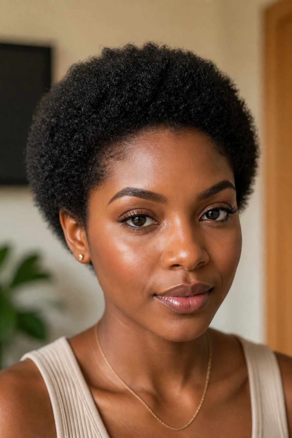 Real woman with rounded TWA Afro hairstyle