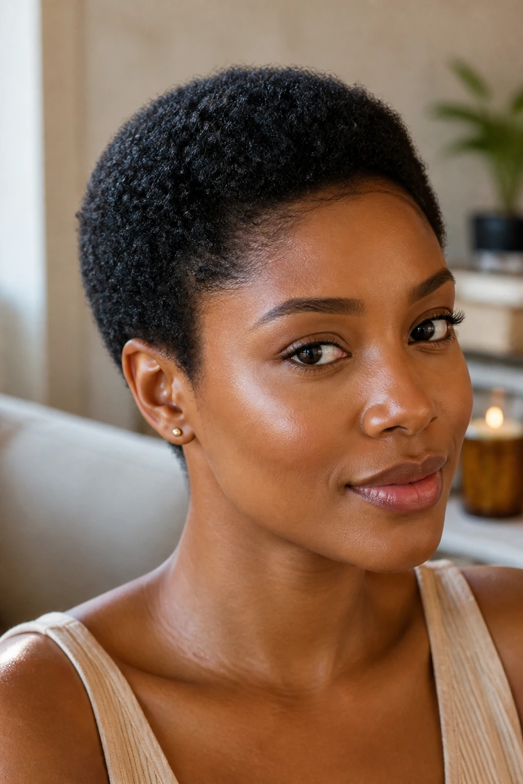 Portrait of a real person with a rounded TWA hugging the head, soft crown fullness