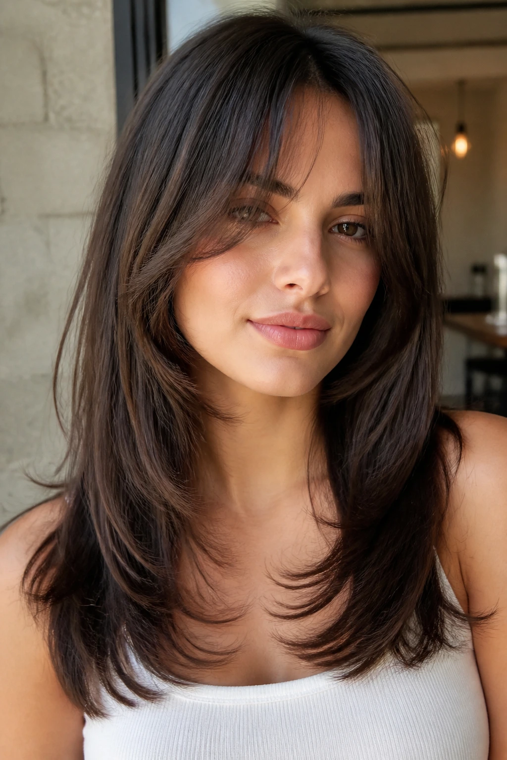 Portrait of a person with rounded U-cut and feathered front pieces
