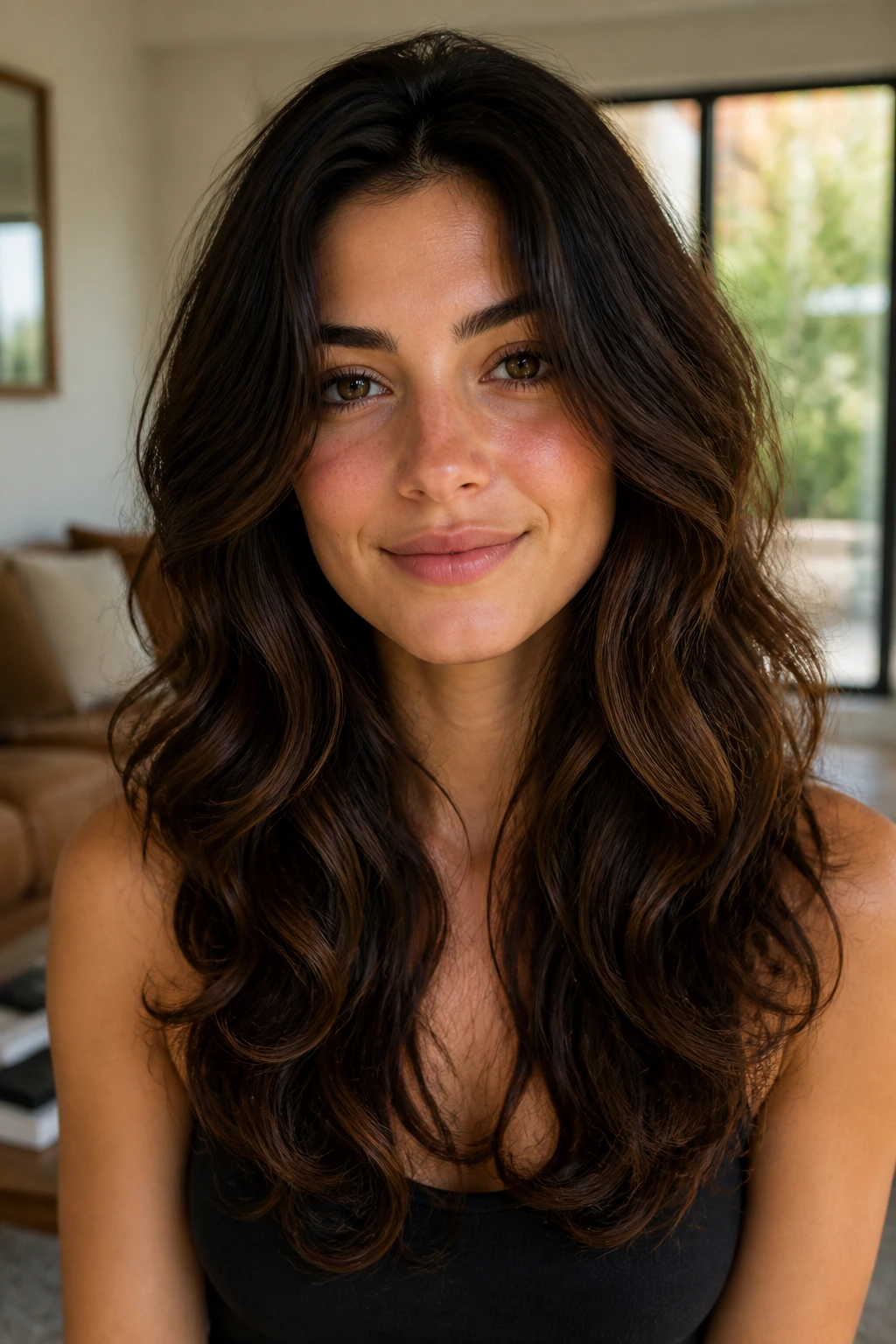 Close-up of a real woman with a rounded U-cut for thick, wavy hair in warm window light