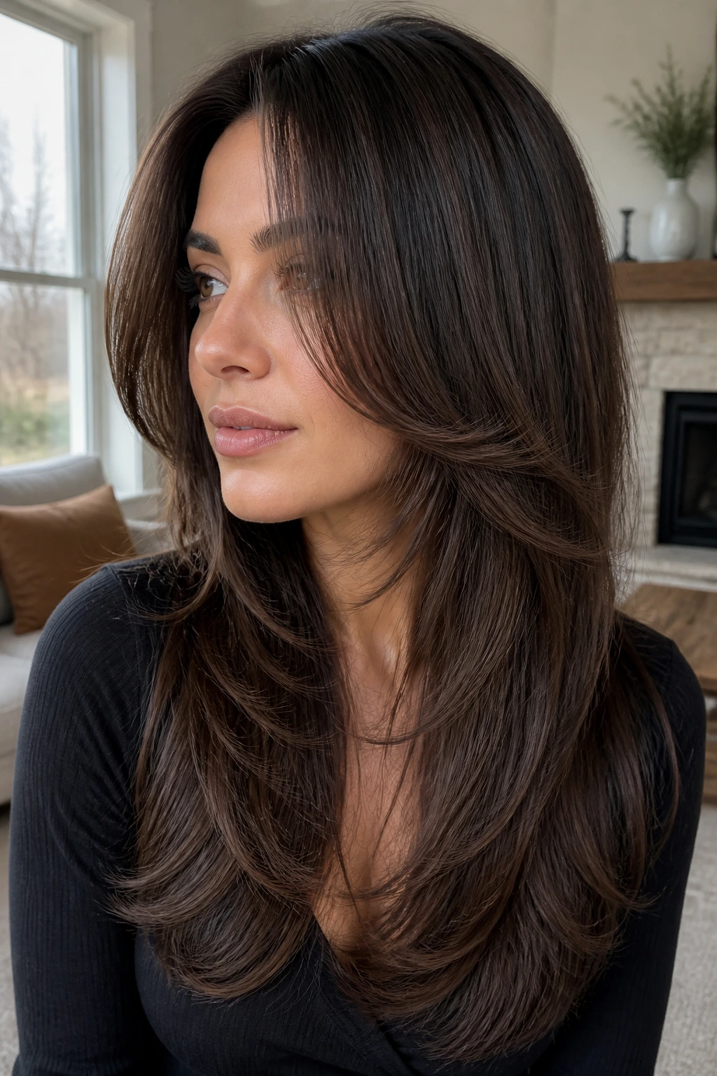 Close-up portrait of a real woman with rounded U-frame layers framing her head in soft daylight