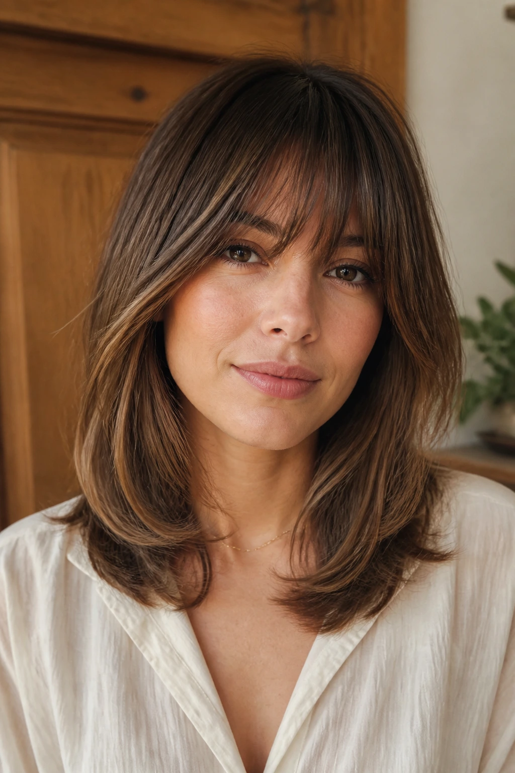 Close-up portrait of a real woman with rounded U-shape cut and sweeping bang blend