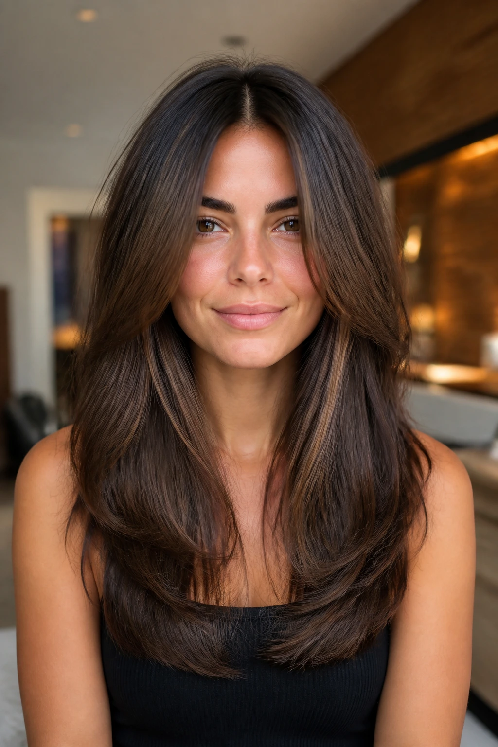 Close-up of a real woman with rounded U-shaped layers keeping ends smooth